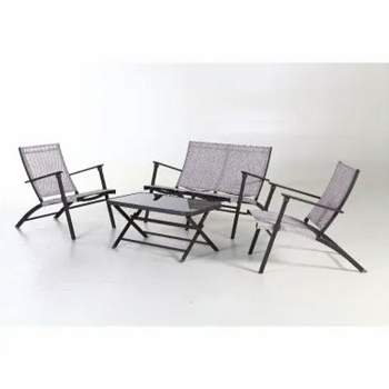 Four Seasons Courtyard Novara 4 Piece Steel Folding Outdoor Conversation Set with 2 Folding Chairs, 1 Loveseat, and 1 Table, Tan/Espresso