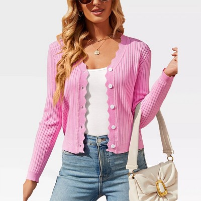 Women's V Neck Lightweight Knit Cardigan with Long Sleeves and Front Button Down Elegant Shrugs for Dresses,Pink - S
