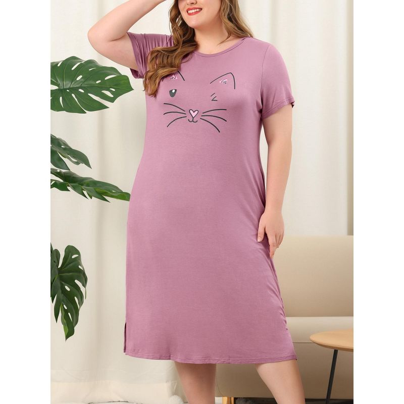 Agnes Orinda Womens Plus Size Short Sleeve Cute Cat Print Pockets Nightgown, 3 of 7