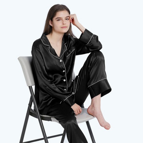 Mommesilk L Piped Silk Pajamas Set for Women-Black