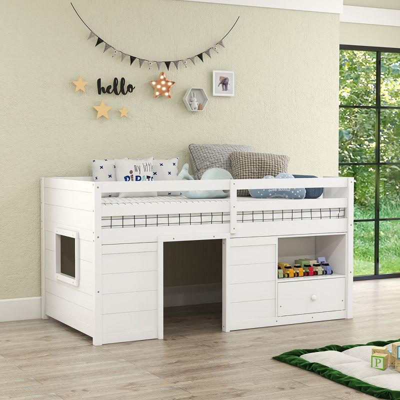 Costway Twin Size Low Loft Bed with Storage Drawer Activity Center Solid Wood Bed Frame, 4 of 10