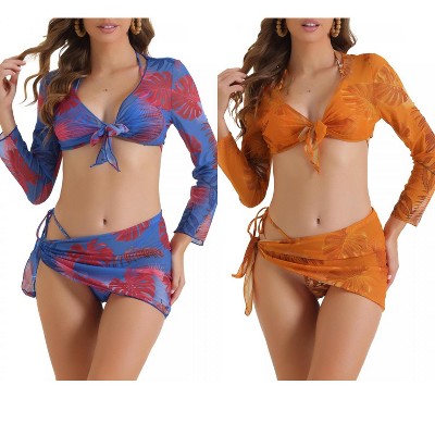 INSPIRE CHIC Women's Drawstring Halter Tie Back Triangle Bottoms Cover Up Tops and Bottoms Swimsuit 2 Sets