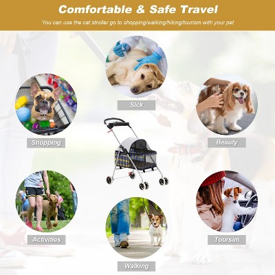 Yellow Plaid 4-Wheel Folding Dog Stroller with Mesh Windows