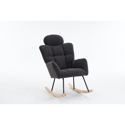 PDTEND Mid Century Modern Teddy Fabric Upholstered Rocking Chair with High Backrest and Pillows - Dark Gray