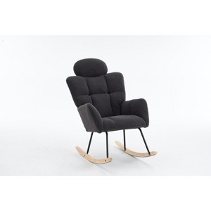 PDTEND Mid Century Modern Teddy Fabric Upholstered Rocking Chair with High Backrest and Pillows - Dark Gray - 1 of 4