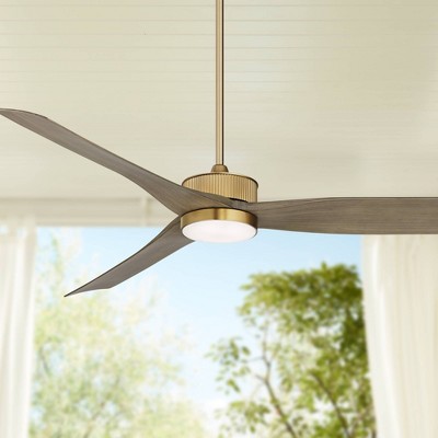 60" Warm Brass and Weathered Oak Modern Ceiling Fan with LED Light and Remote