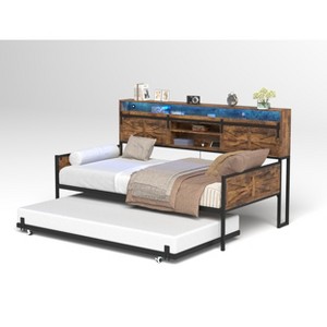 Gulches Twin Farmhouse Daybed with Trundle Sliding Barn Door Headboard Hidden Shelf 400 Lbs Rustic Brown for Bedroom Guest Room Apartment - 1 of 4