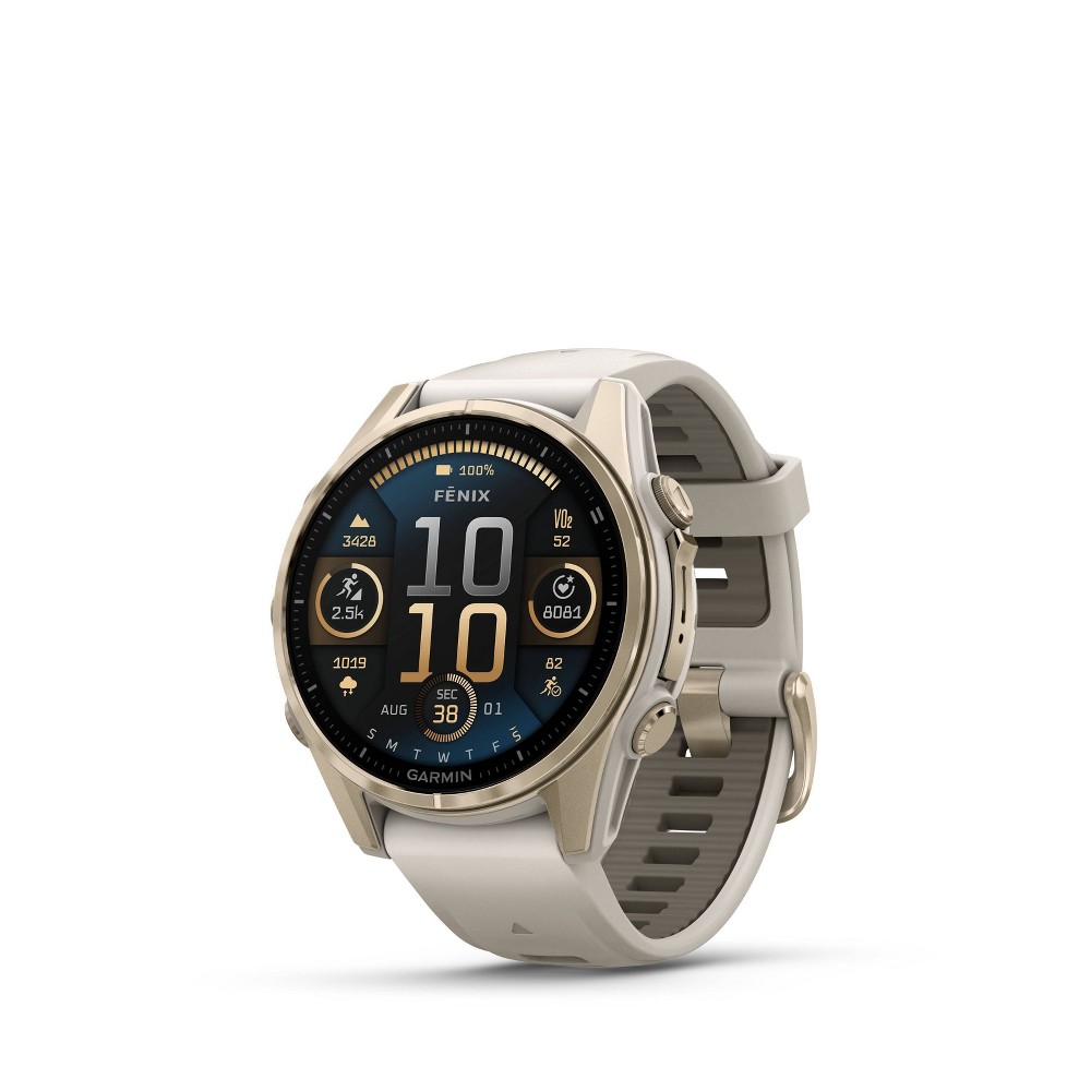 Photos - Smartwatches Garmin Fenix 8 43 mm AMOLED GPS Smartwatch Sapphire Soft Gold with Fog Gray/Dark Sandstone Silicone Band 