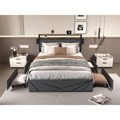 DOMETOUR LED Queen Bed Frame, Storage Headboard with Charging Station, Solid and Stable, Noise Free, No Box Spring Needed, Easy Assembly