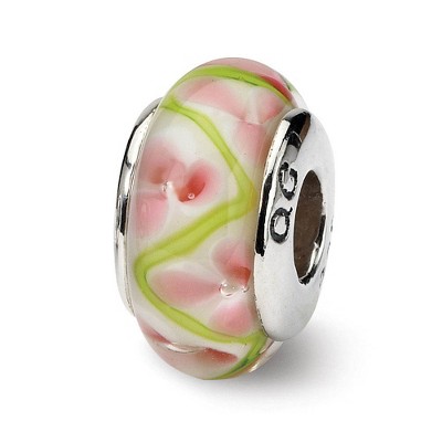 Black Bow Jewelry Pink & Green Floral Glass Sterling Silver Bead Charm