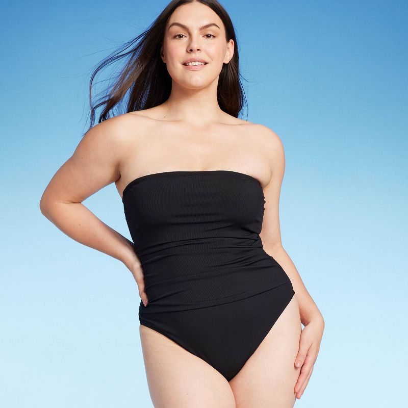Women's Shirred Ribbed Bandeau Cheeky One Piece Swimsuit - Shade & Shore™, 4 of 12