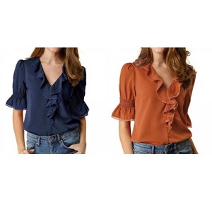 Allegra K Women's Ruffle V Neck Puff Sleeve Summer Casual Chiffon Peasant Top 2 Packs - 1 of 4