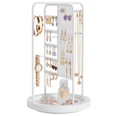 SONGMICS Jewelry Stand, Rotating Jewelry Display, 4 Independent Sections, Metal Frame, with Bottom Tray, Jewelry Organizer