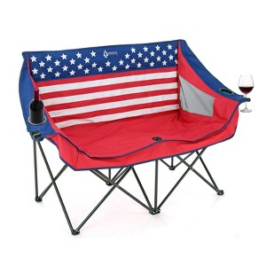 Arrowhead Outdoor Portable Folding Double Duo Camping Chair Loveseat Couch w/ 2 Cup & Wine Glass Holder, Supports up to 500lbs (American Flag) - 1 of 4
