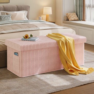 Pinmoco 15"/30"/43" Folding Storage Ottoman Bench with White Blanket and Side Pocket, Corduroy Storage Bench Footrest for Entryway Living Room