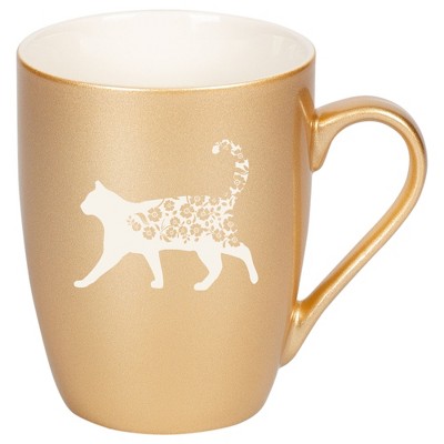 Elanze Designs Cat and Flowers 10 Ounce Ceramic Laser-Etched Engraved Drinkware Mug, Metallic Vegas Gold