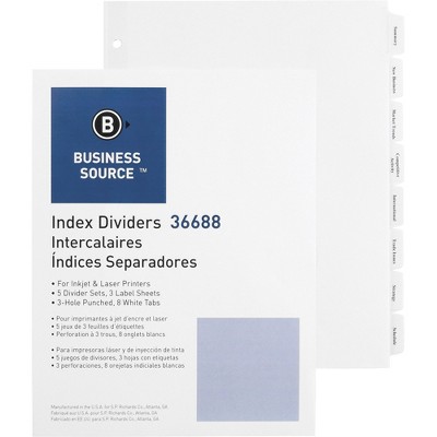 Business Source Index Dividers 3HP 8-Tab 5 ST/PK 11"x8-1/2" White 36688