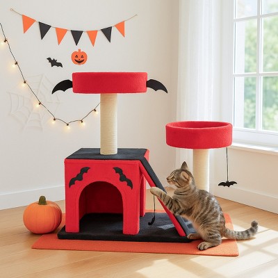FURNIinspire Pet Tower Gothic Cat Tree Tower Halloween Pet Furniture Cute Cat Toys House with Condo, Scratching Posts, Red, 25.6"*17.7"*27.5"