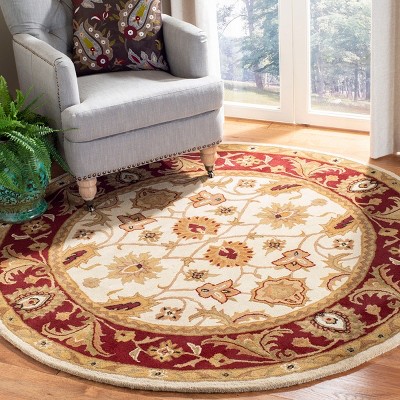 Ivory and Red Round Hand-Tufted Wool Area Rug, 3'6"