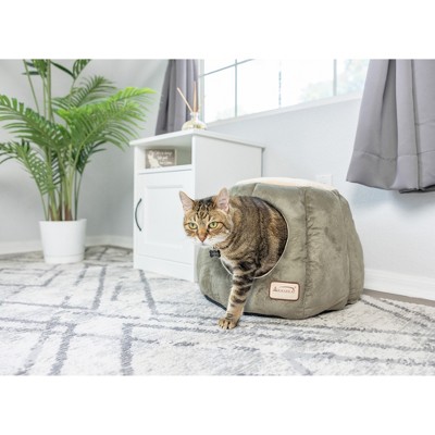 Small Laurel Green and Beige Faux Suede Cat Cave Bed