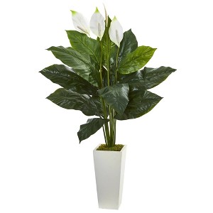 Nearly Natural 51-in Spathiphyllum Artificial Plant in White Tower Planter - 1 of 1