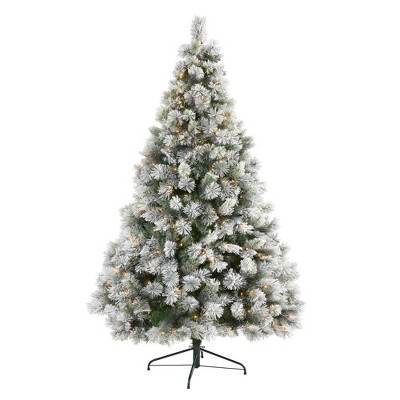 Nearly Natural 7-ft Flocked Oregon Pine Artificial Christmas Tree with 400 Clear Lights and 834 Bendable Branches