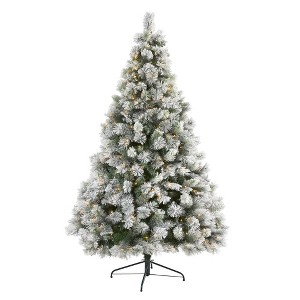 Nearly Natural 7-ft Flocked Oregon Pine Artificial Christmas Tree with 400 Clear Lights and 834 Bendable Branches - 1 of 4
