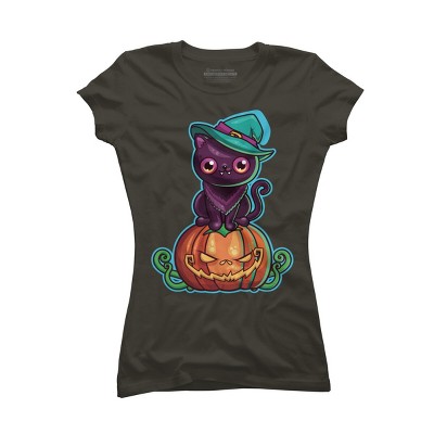 Junior's Design By Humans Ferociously Cute Halloween Vampire Witch Kitty Cat By LittleBunnySunshine T-Shirt