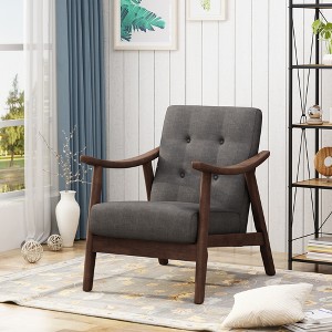 Tufted Fabric Armchair with Rubberwood Frame, and Mid-Century Modern Design for Living Room - 1 of 4