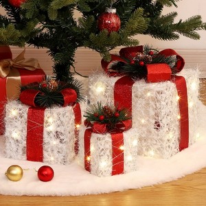 3 Pcs Lighted Boxes, 10 in 8 in 6 in Xmas Present Box with Led Lights, Greenery, Red Berries, Pine Cones,Lighted Up Holiday Decorations for Xmas Tree - 1 of 4