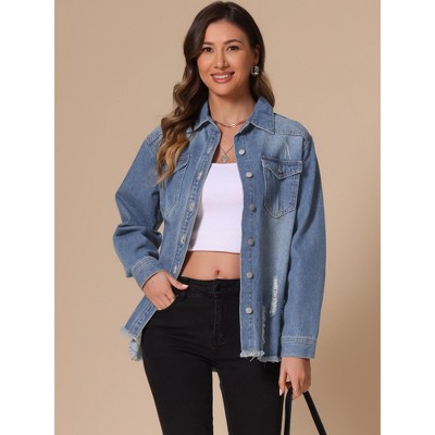 INSPIRE CHIC Women's Denim Oversized Frayed Hem Pockets Long Sleeve Button Down Jacket Large Blue — фото 2