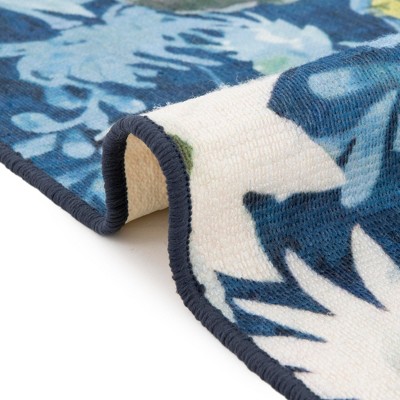 Navy Blue Round Floral Synthetic Outdoor Rug