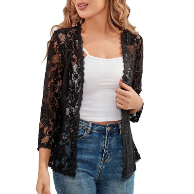 Women's Lace Cardigan Shrug Tops 3/4 Sleeve Open Front Summer Beach Cover Up