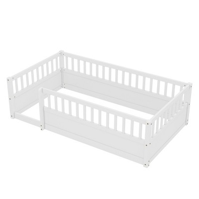 TopComfy Beds Twin Floor Bed Frame with Fence Wooden children  floor bed Wood Kids Floor Beds Frame for Bedroom, White, 78.94"*13.78"*6.5"