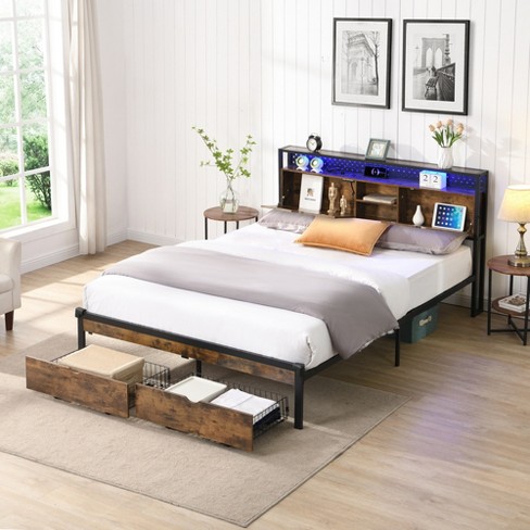 NicBex Queen Platform Bed Frame with Wooden Headboard and Footboard Metal Platform Bed with RGB LED Charging Station and 2 Drawers Easy Assembly Black