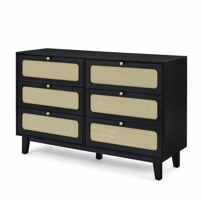 KTMBDW 6 Drawer Double Dresser for Bedroom, Rattan Chest of Dressers, Modern Wooden Dresser Chest for Living Room and Entryway