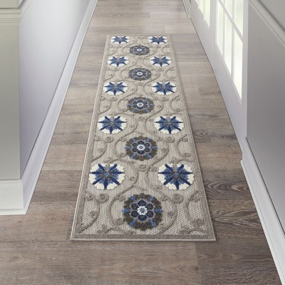Blue/Grey Floral Flat Woven Synthetic Outdoor Rug, 2'3" x 8'