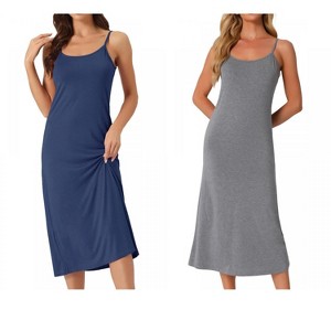 INSPIRE CHIC Women's 2 Pcs Nightgown Sleeveless Spaghetti Strap Midi Cami Camisole Full Slip Under Dress - 1 of 4