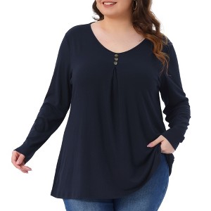 Agnes Orinda Women's Plus Size Button Decor V Neck Long Sleeve Casual Tunic Blouse - 1 of 4