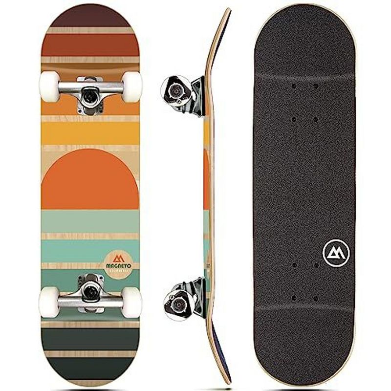 Magneto Skateboard | Maple Wood | ABEC 5 Bearings | Double Kick Concave Deck | For Beginners, Teens & Adults (Retro Sun), 1 of 9