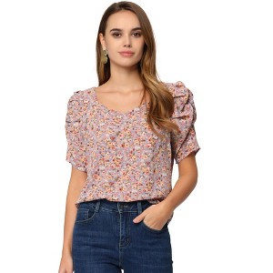 INSPIRE CHIC Women's Floral Sweetheart Neck Short Sleeve Summer Blouse - 1 of 4