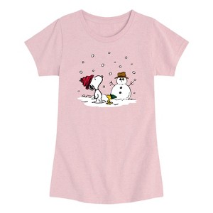Girls' - Peanuts - Snoopy Woodstock Snowman Short Sleeve Graphic T-Shirt - 1 of 3