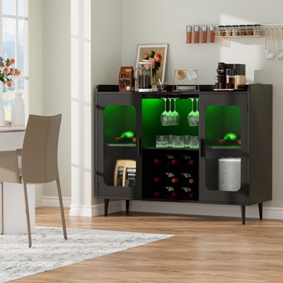 Aheaplus Sideboard Buffet with Charge Station and LED Light, Farmhouse Bar Cabinet with Wine Holder