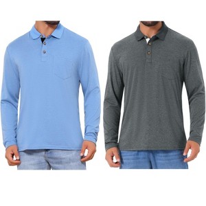 INSPIRE CHIC Men's Contrast Button Collared Pocket Long Sleeves Polo T-Shirts 2 Packs - 1 of 4