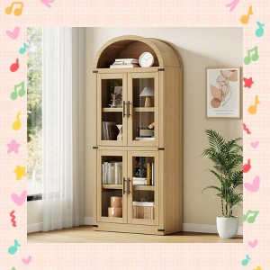 Garvee Arched Bookshelf with Doors - Glass Doors - 15.83 inches deep by 71.4 inches tall rustic ambiance premium wood display cabinet - 1 of 4
