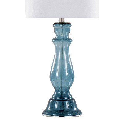 Set of 2 Blue Seeded Glass Table Lamps with White Linen Shade