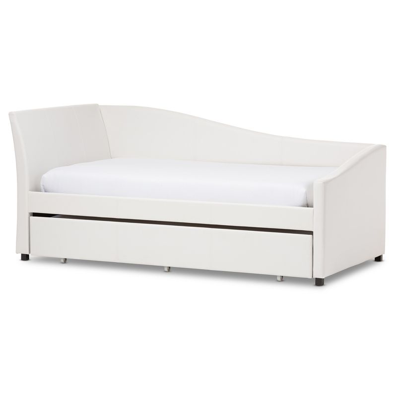 Twin Vera Modern and Contemporary Faux Leather Upholstered Curved Sofa Daybed with Roll Out Trundle Guest Bed White - Baxton Studio, 1 of 11