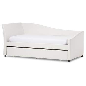 Twin Vera Modern and Contemporary Faux Leather Upholstered Curved Sofa Daybed with Roll Out Trundle Guest Bed White - Baxton Studio