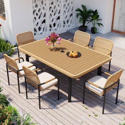 7 Pieces Wicker Outdoor Patio Dining Set,Wicker Garden Dining Table and Chairs Set,Rattan Dining Set with Cushions and Umbrella Hole-Coolbibila