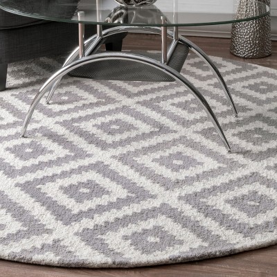 Gray and White Geometric Wool Round Area Rug, 5'